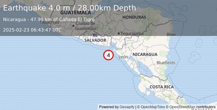 Earthquake NEAR COAST OF NICARAGUA (4.0 m) (2025-02-23 06:43:47 UTC)