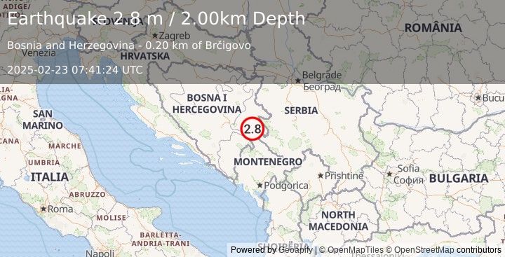 Earthquake BOSNIA AND HERZEGOVINA (2.8 m) (2025-02-23 07:41:24 UTC)