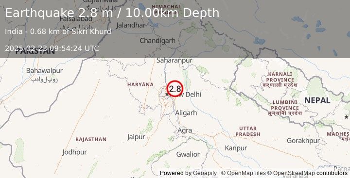 Earthquake HARYANA-UTTAR PRADESH REG, INDIA (2.8 m) (2025-02-23 09:54:24 UTC)