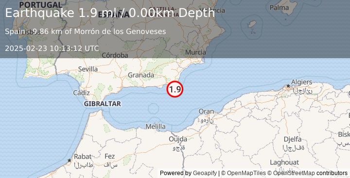 Earthquake STRAIT OF GIBRALTAR (1.9 ml) (2025-02-23 10:13:12 UTC)