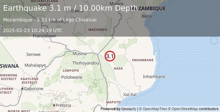 Earthquake MOZAMBIQUE (3.1 m) (2025-02-23 10:24:19 UTC)