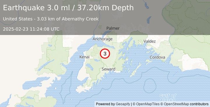 Earthquake KENAI PENINSULA, ALASKA (3.0 ml) (2025-02-23 11:24:08 UTC)