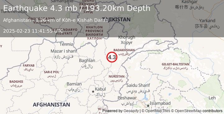 Earthquake HINDU KUSH REGION, AFGHANISTAN (4.3 mb) (2025-02-23 11:41:55 UTC)