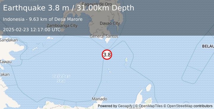 Earthquake KEPULAUAN SANGIHE, INDONESIA (3.8 m) (2025-02-23 12:17:00 UTC)