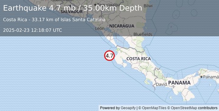 Earthquake OFF COAST OF COSTA RICA (4.7 mb) (2025-02-23 12:18:07 UTC)