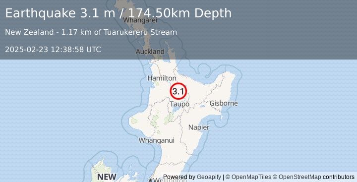 Earthquake NORTH ISLAND OF NEW ZEALAND (3.1 m) (2025-02-23 12:38:58 UTC)