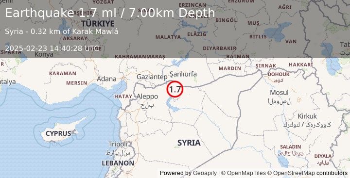 Earthquake TURKEY-SYRIA BORDER REGION (1.7 ml) (2025-02-23 14:40:28 UTC)