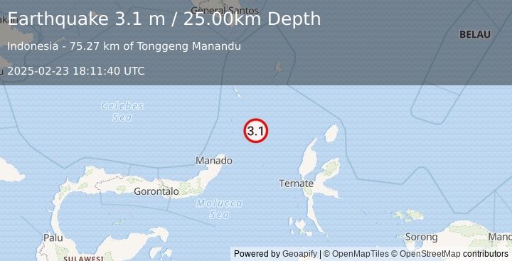 Earthquake MOLUCCA SEA (3.1 m) (2025-02-23 18:11:40 UTC)