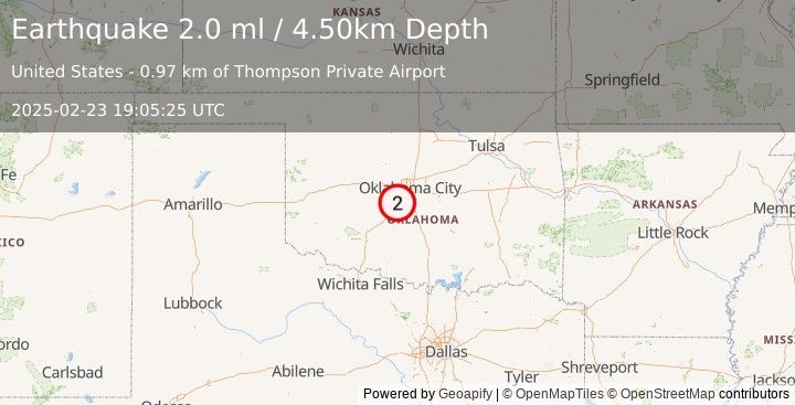 Earthquake OKLAHOMA (2.0 ml) (2025-02-23 19:05:25 UTC)