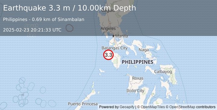 Earthquake MINDORO, PHILIPPINES (3.3 m) (2025-02-23 20:21:33 UTC)