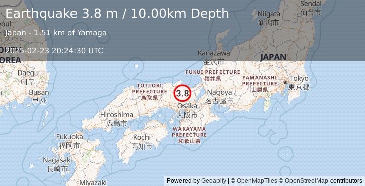 Earthquake WESTERN HONSHU, JAPAN (3.8 m) (2025-02-23 20:24:30 UTC)