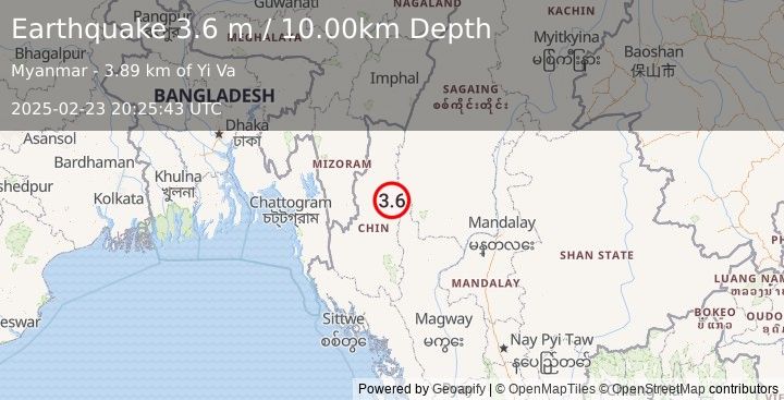 Earthquake MYANMAR-INDIA BORDER REGION (3.6 m) (2025-02-23 20:25:43 UTC)