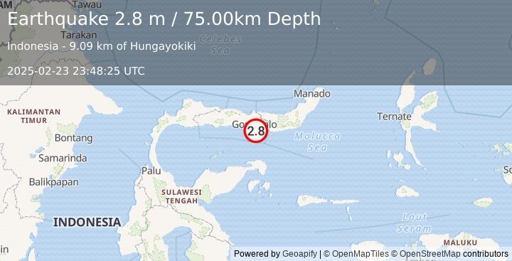 Earthquake MINAHASA, SULAWESI, INDONESIA (2.8 m) (2025-02-23 23:48:25 UTC)