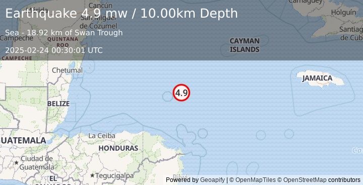 Earthquake NORTH OF HONDURAS (4.9 mw) (2025-02-24 00:30:01 UTC)