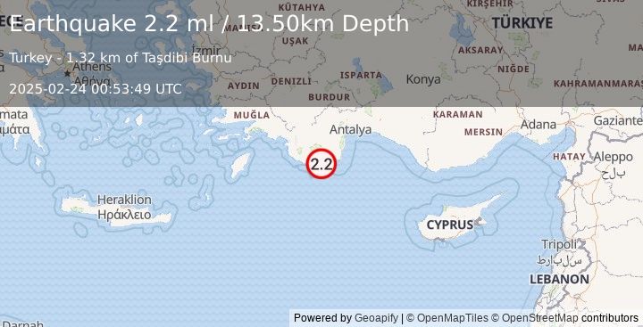 Earthquake WESTERN TURKEY (2.2 ml) (2025-02-24 00:53:49 UTC)