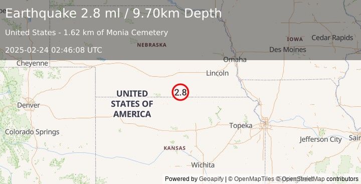 Earthquake NEBRASKA (2.8 ml) (2025-02-24 02:46:08 UTC)