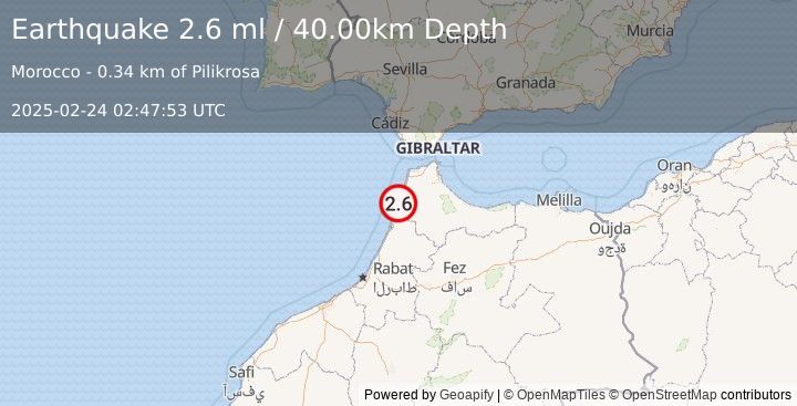 Earthquake STRAIT OF GIBRALTAR (2.6 ml) (2025-02-24 02:47:53 UTC)