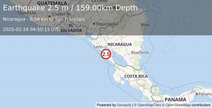 Earthquake NEAR COAST OF NICARAGUA (2.5 m) (2025-02-24 04:50:15 UTC)