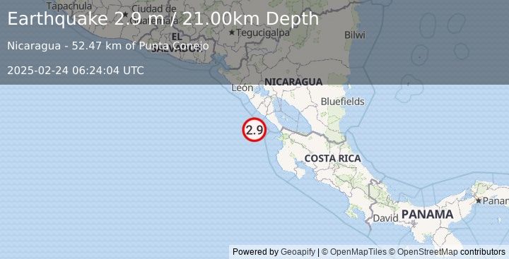 Earthquake NEAR COAST OF NICARAGUA (2.9 m) (2025-02-24 06:24:04 UTC)