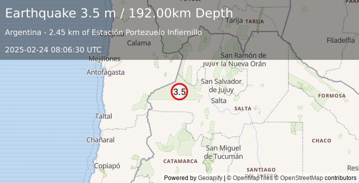 Earthquake SALTA, ARGENTINA (3.5 m) (2025-02-24 08:06:30 UTC)