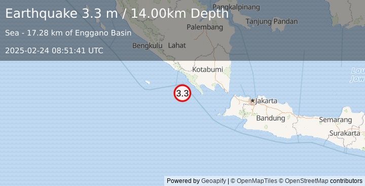 Earthquake SOUTHERN SUMATRA, INDONESIA (3.3 m) (2025-02-24 08:51:41 UTC)