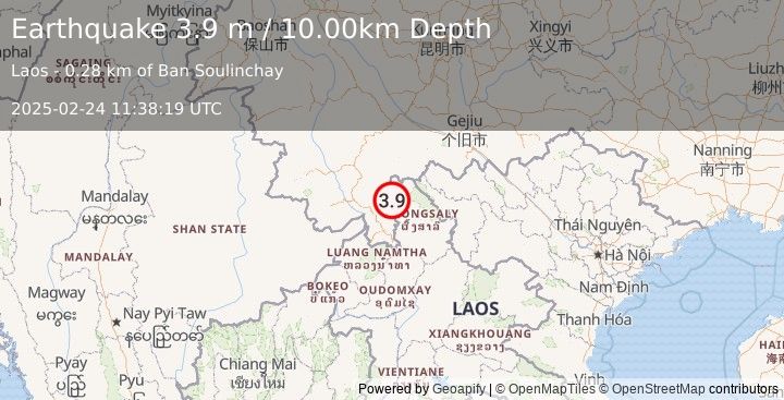 Earthquake CHINA-LAOS BORDER REGION (3.9 m) (2025-02-24 11:38:19 UTC)