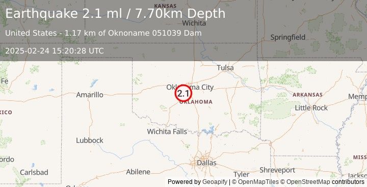 Earthquake OKLAHOMA (2.1 ml) (2025-02-24 15:20:28 UTC)