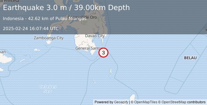 Earthquake MINDANAO, PHILIPPINES (3.0 m) (2025-02-24 16:07:44 UTC)