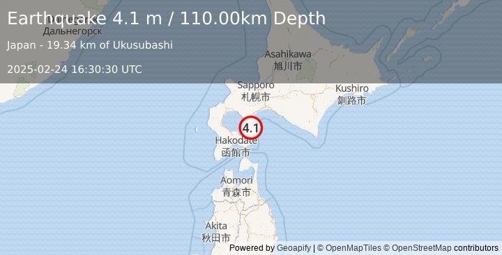 Earthquake HOKKAIDO, JAPAN REGION (4.1 m) (2025-02-24 16:30:30 UTC)