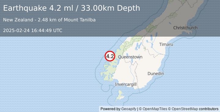 Earthquake SOUTH ISLAND OF NEW ZEALAND (4.2 ml) (2025-02-24 16:44:49 UTC)