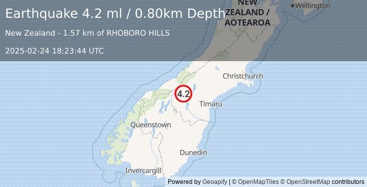 Earthquake SOUTH ISLAND OF NEW ZEALAND (4.2 ml) (2025-02-24 18:23:44 UTC)