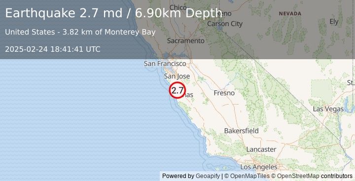 Earthquake MONTEREY BAY, CALIFORNIA (2.7 md) (2025-02-24 18:41:41 UTC)