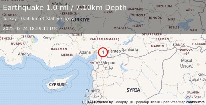 Earthquake TURKEY-SYRIA BORDER REGION (1.0 ml) (2025-02-24 18:59:11 UTC)