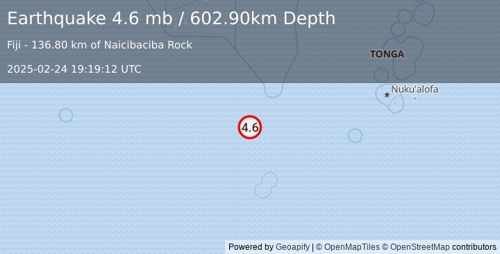 Earthquake SOUTH OF FIJI ISLANDS (4.6 mb) (2025-02-24 19:19:12 UTC)