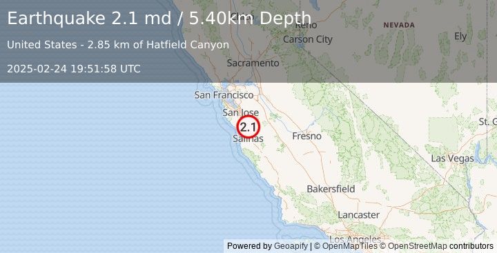 Earthquake NORTHERN CALIFORNIA (2.1 md) (2025-02-24 19:51:58 UTC)