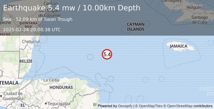 Earthquake CAYMAN ISLANDS REGION (5.4 mw) (2025-02-24 20:08:38 UTC)