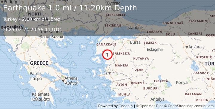 Earthquake WESTERN TURKEY (1.0 ml) (2025-02-24 20:56:11 UTC)