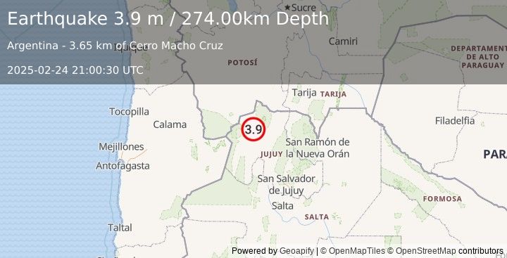 Earthquake JUJUY, ARGENTINA (3.9 m) (2025-02-24 21:00:30 UTC)