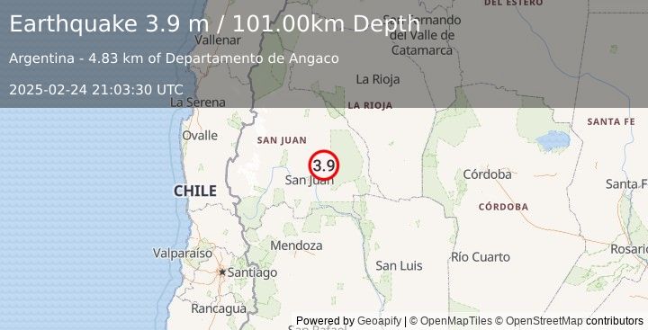 Earthquake SAN JUAN, ARGENTINA (3.9 m) (2025-02-24 21:03:30 UTC)