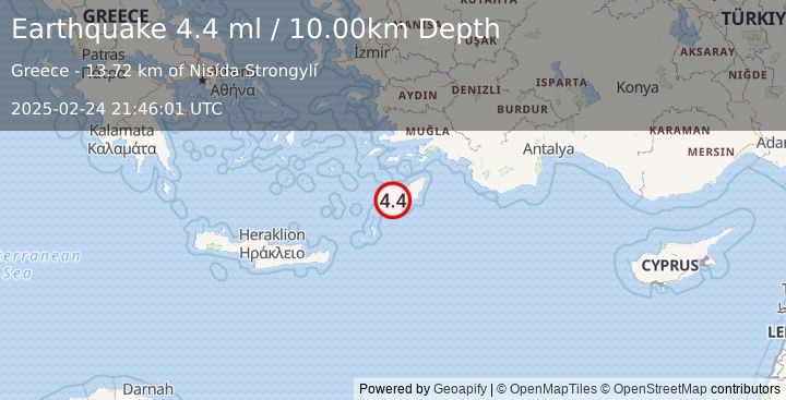 Earthquake DODECANESE ISLANDS, GREECE (4.4 ml) (2025-02-24 21:46:01 UTC)