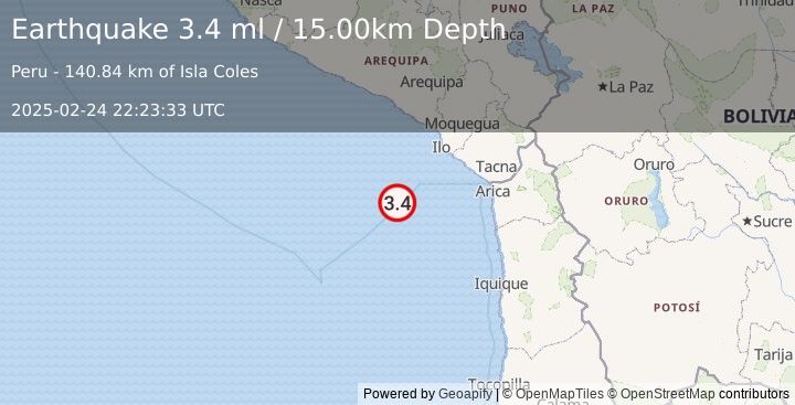 Earthquake OFF COAST OF SOUTHERN PERU (3.4 ml) (2025-02-24 22:23:33 UTC)