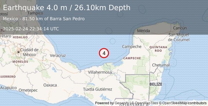 Earthquake OFFSHORE TABASCO, MEXICO (4.0 m) (2025-02-24 22:34:14 UTC)