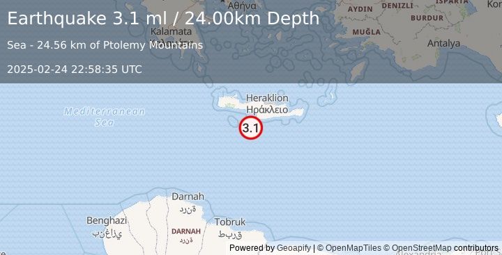 Earthquake CRETE, GREECE (3.1 ml) (2025-02-24 22:58:35 UTC)