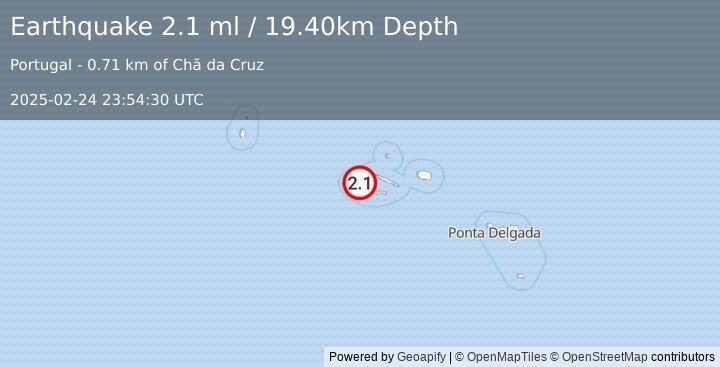 Earthquake AZORES ISLANDS, PORTUGAL (2.1 ml) (2025-02-24 23:54:30 UTC)