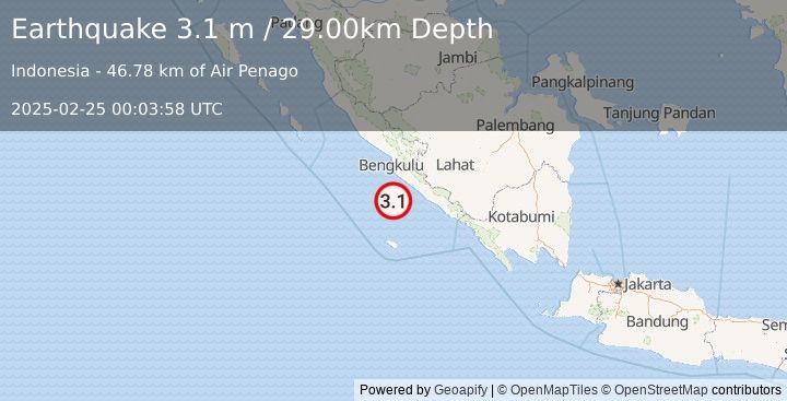 Earthquake SOUTHERN SUMATRA, INDONESIA (3.1 m) (2025-02-25 00:03:58 UTC)