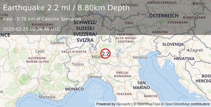 Earthquake NORTHERN ITALY (2.2 ml) (2025-02-25 00:36:46 UTC)