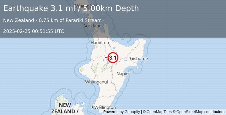 Earthquake NORTH ISLAND OF NEW ZEALAND (3.1 ml) (2025-02-25 00:51:55 UTC)