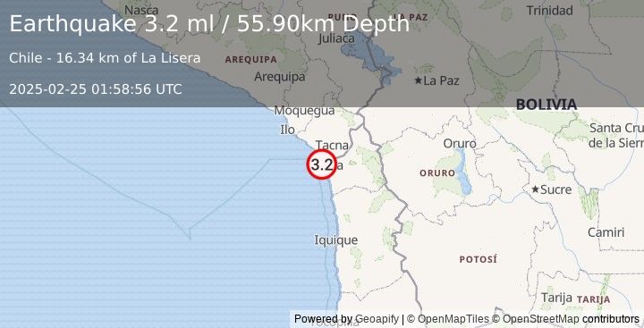 Earthquake OFFSHORE TARAPACA, CHILE (3.2 ml) (2025-02-25 01:58:56 UTC)