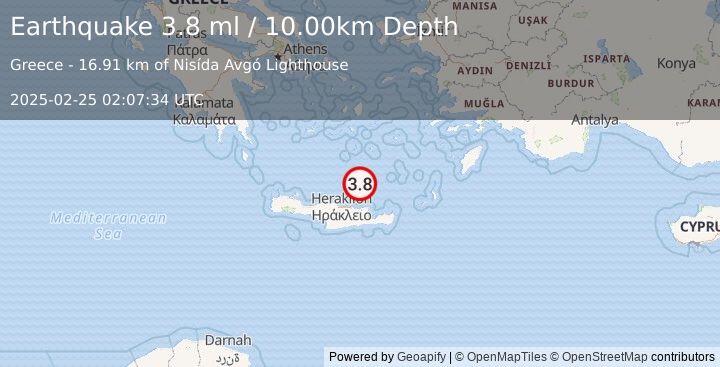 Earthquake CRETE, GREECE (3.8 ml) (2025-02-25 02:07:34 UTC)