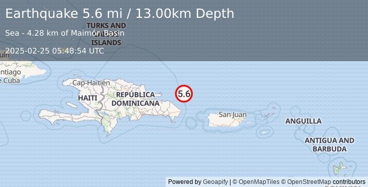 Earthquake DOMINICAN REPUBLIC REGION (5.5 mi) (2025-02-25 05:48:53 UTC)